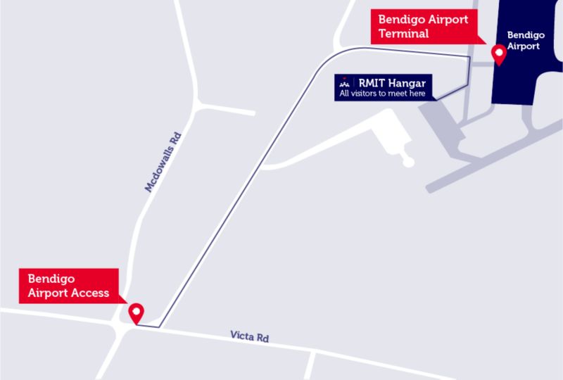 Map of Bendigo Airport including the Bendigo Airport Access road off Victa Road next to Mcdowalls Road, to the Bendigo Airport Terminal and the RMIT Hanger, where all visitors meet.
